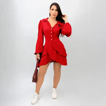 Vestido Curto Chemise Manga Longa Feminino Babado Botões