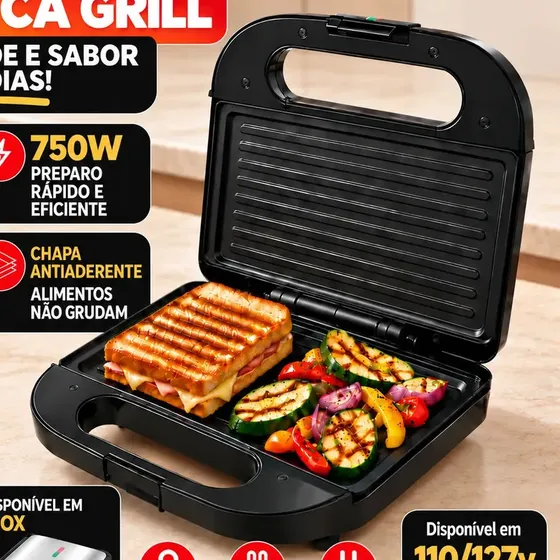 Sanduicheira Elétrica Antiaderente 750W para 2 Sanduíches, com Grill de Inox e Termostato Automático