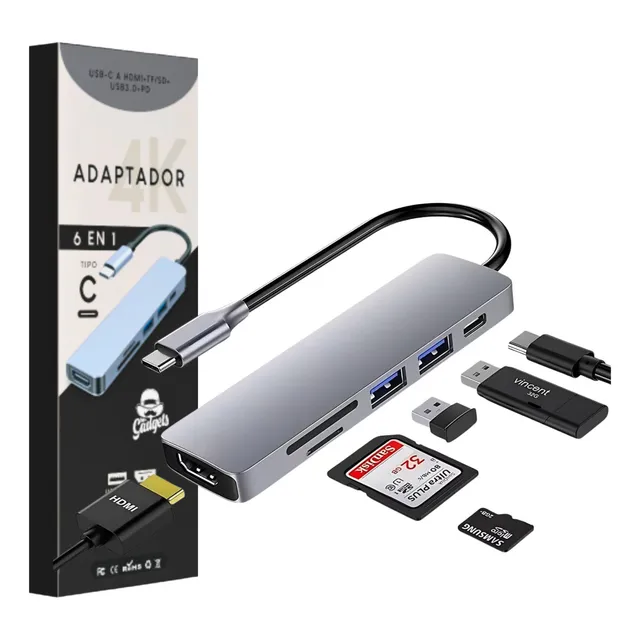 Mr. Gadgets Adaptador Hub Usb-c 6 En 1, Usb 3.0 Adaptador Usb-a, Lector De Tarjetas Sd Hdmi 4k 30hz Pd 87w, Adaptador Multipuertos Para iPad Os, Android, Chrome Os, Mac Os, Windows, Color Plata