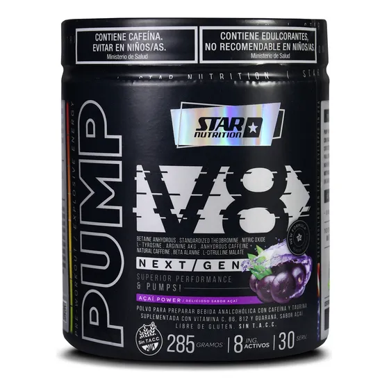 Pump V8 Pre Workout Star Nutrition 285 Gr Cafeína Taurina Sabor Açai power