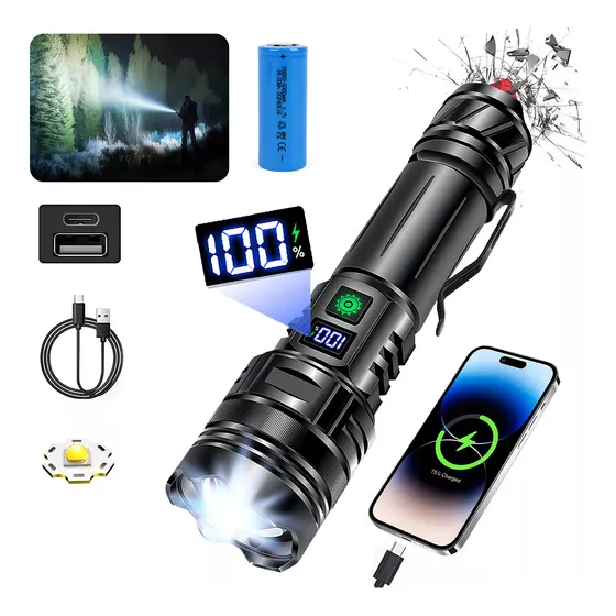 Lámpara Táctica Ultra Potente 180000 Lúmenes Con Power Bank Wohingo Linterna Martillo Emergencia Táctica Linternas