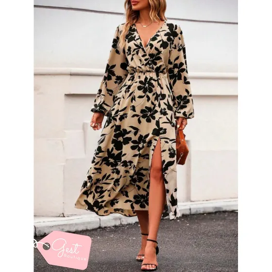 Vestido Manga Larga Beige Con Estampado Floral Negro