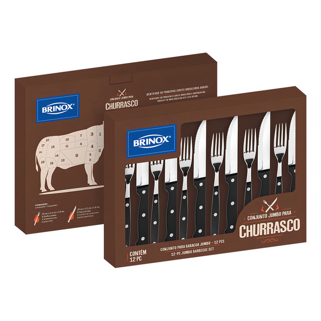 Conjunto De Talheres P/ Churrasco Jumbo Inox 12 Pçs Brinox Cor Preto Conjunto De Talheres P/ Churrasco Jumbo Inox 12 Pçs Brinox Cor Preto