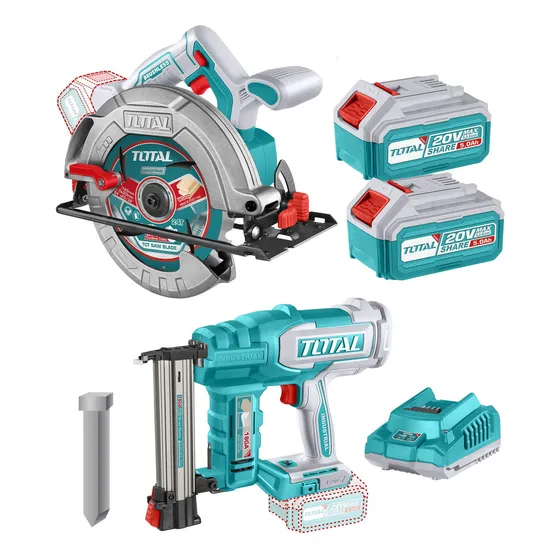 Kit Inalámbrico Total 20v Sierra Circular Motor Sin Carbones 7.1/4 185mm Clavadora Para Madera Con 2 Baterías 5.0Ah Litio-Ion Cargador Disco Y 1000 Clavos 35mm TOSLI240866