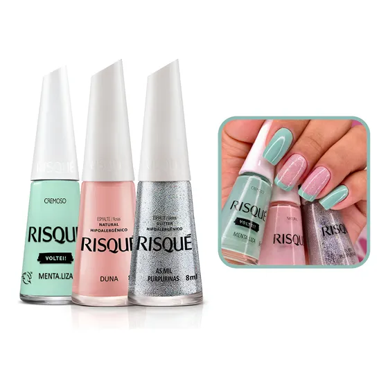 Kit C/3 Esmalte Risqué Verde Rosa Glitter Atacado 8ml