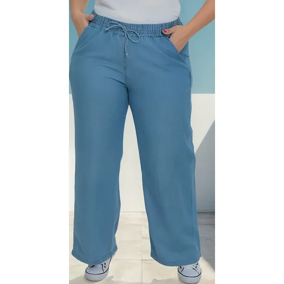 Calca Jeans Pantalona Reta Wide Leg Elástico Cintura Plus