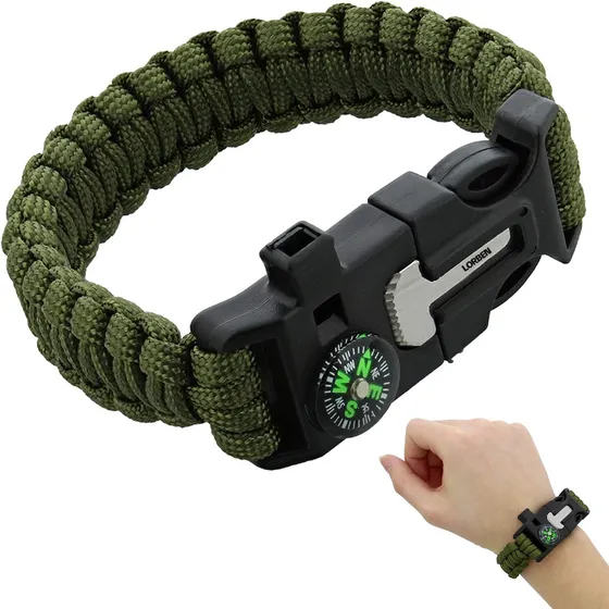 Pulseira Tática de Sobrevivência marca Lorben com Bússola, Pederneira, Mini Faca de Serra e Apito – Kit de Emergência para Camping, Trilhas e Esportes ao Ar Livre – Feita em ABS e Poliamida Resistente