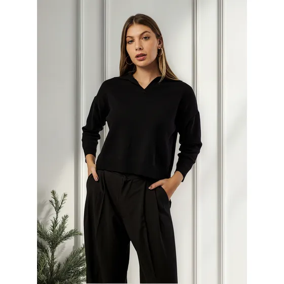 Sweater Tejido De Hilo Con Cuello Camisa Para Mujer