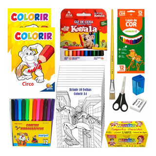 Kit Colorir Criancas Em Casa Canetinha Livro Pincel Tesoura Kit Colorir Criancas Em Casa Canetinha Livro Pincel Tesoura
