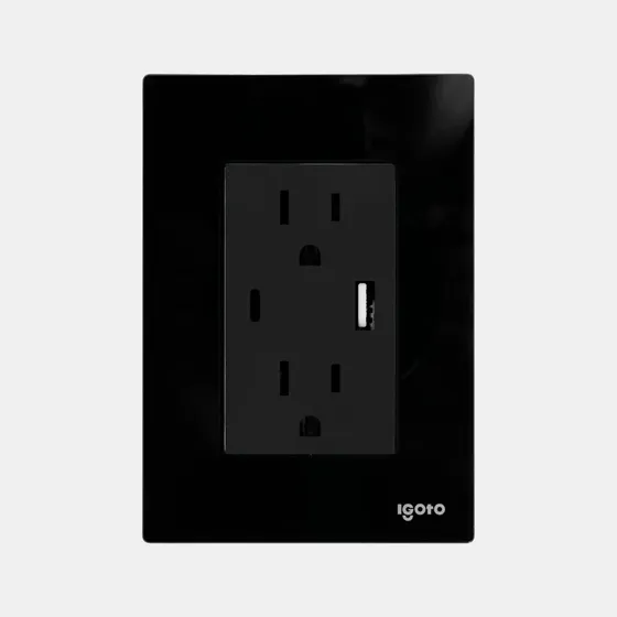 Placa Cristal 2 Contactos 1 Usb Y 1 Usb Tipo C Igoto Negro 15 A 125v Negro