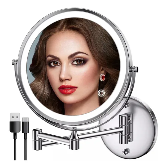 Espejo De Maquillaje Recargable De 2000 Mah Montado En La Pared Con Luz De 8 Pulgadas 1x/10x Espejo De Maquillaje Iluminado De 3 Modos De Color, Luz Ajustable, Visualización Táctil, Carga Por Usb