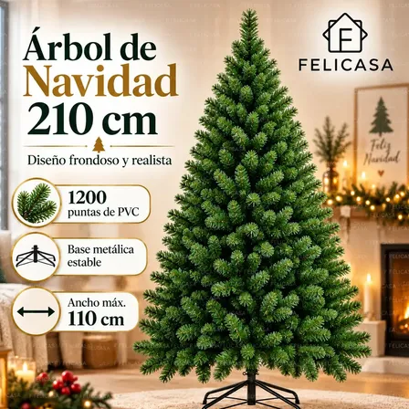 F FELICASA 2.1 Metros Arboles De Navidad Frondoso 1200 Ramas Decorados Navideñas De Ramificación Pino Navideños Decorados Decoraciones Material de PVC ignífugo Para Exteriores e Interiores Color Verde