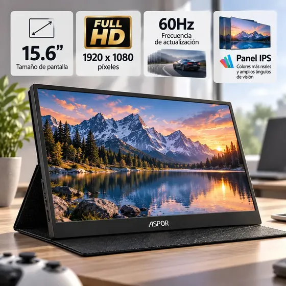 Monitor Portátil Aspor 15.6" Full HD IPS de 60Hz con Parlantes y Funda Magnética