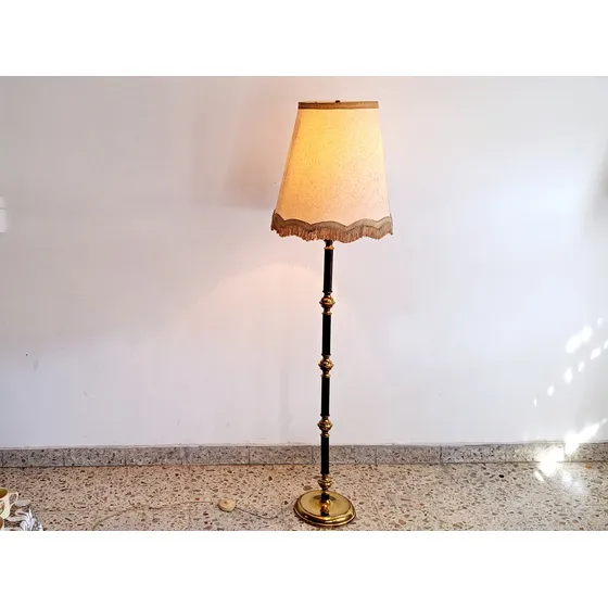 Lampara De Pie En Madera Y Bronce 2 Luces Vintage Intacta Ning Marrón