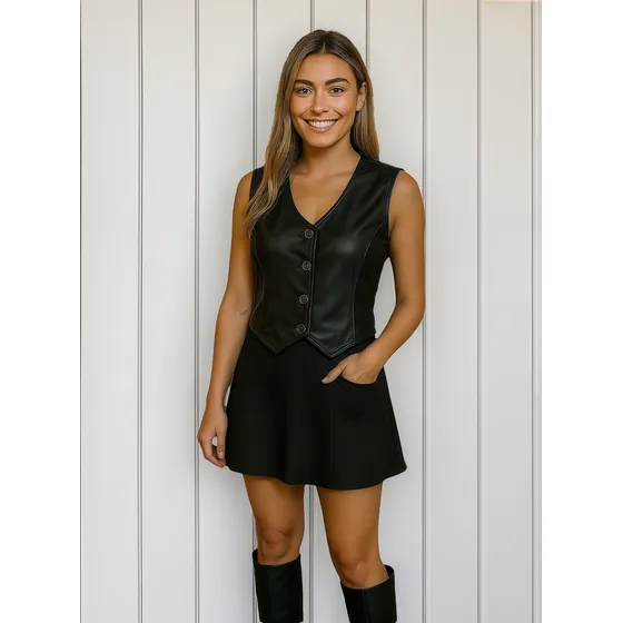 Colete Feminino Em Courino Preto Com Botões