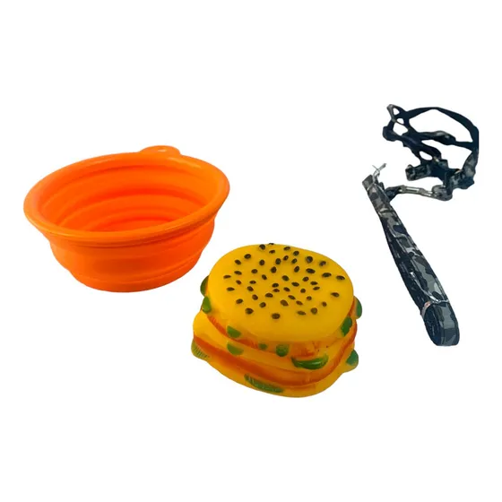 Kit Pet 1 Comedouro Retrátil 1 Brinquedo Hamburguer + Cor Laranja