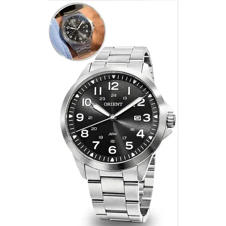 Relógio Orient Masculino Prata Fundo Preto Analógico Aço Inoxidável Prova D'agua 50m Original
