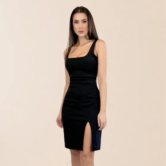 Vestido Midi Tubinho Social Festa Justo Modelador Com Fenda