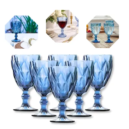 Jogo 6 Taças Diamante Vidro 330ml Copo Moderno Luxo Azul Diamante Lapidado Gostei!