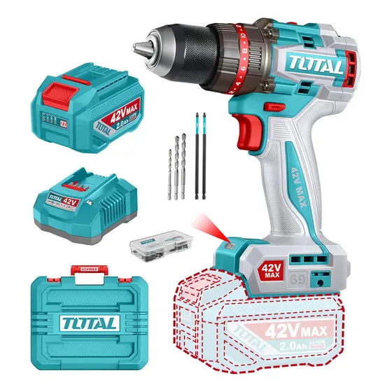 Taladro Percutor Y Atornillador Inalámbrico Total 42v, Industrial, Motor Sin Carbones - Mandril 13mm, 69nm - Con Batería 2.0ah Litio-ion, Cargador, Maletín, Mechas Y Puntas - Tidli426981 | Cuotas sin interés