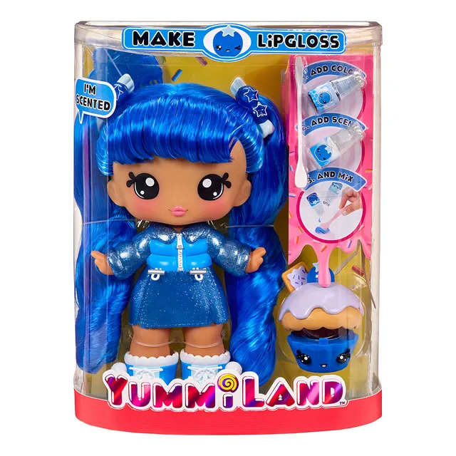 Muñeca Yummiland - Rory Blueberry y Goodie - Perfumada con Kit de Brillo Labial DIY