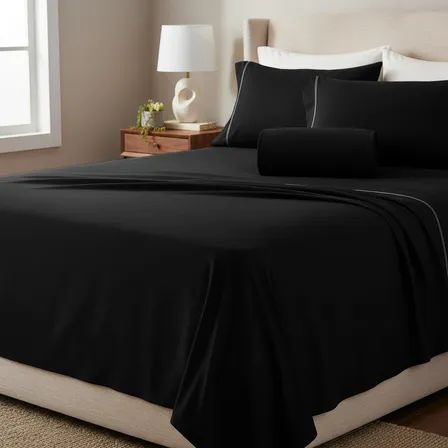 Jogo Lençol King Ponto Palito 400 Fios 3pçs C/elástico Preto Preto Liso