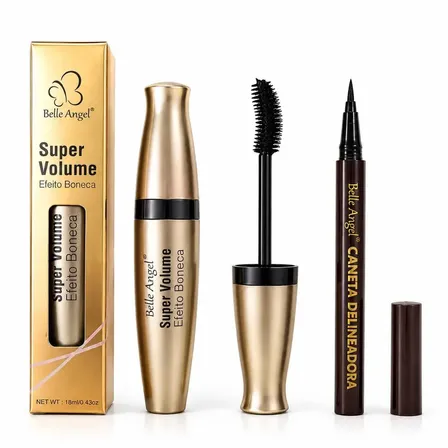Kit Máscara de Cílios Rímel Preta Super Volume Efeito Boneca + Caneta Delineadora Marrom Belle Angel Seca Rápido Sem Efeito Panda Dura o Dia Todo Fácil Remoção