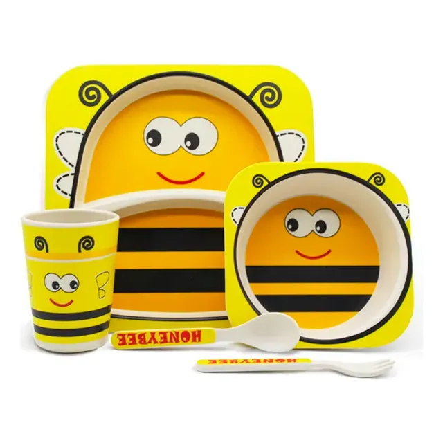 Set Vajilla Bebes Niños Bambu 5 Piezas Plato Con Divisiones