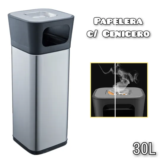 Contenedor Papelera Moderna 30l C/ Cenicero Acero Inox