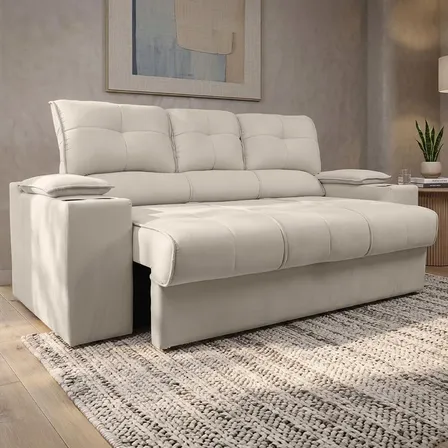 Sofá Otto 2,05m Com Porta Copos  Retrátil E Reclinável Bege Suede