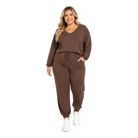 Conjunto Plus Size Feminino Quentinho Elegante Inverno Marrom G2