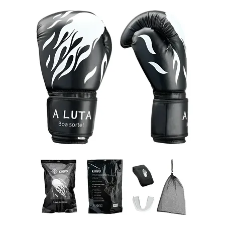 Kit Luvas Boxe Muay Thai Kinvo Profissional Bandagem + Bucal 10oz Preto/branco