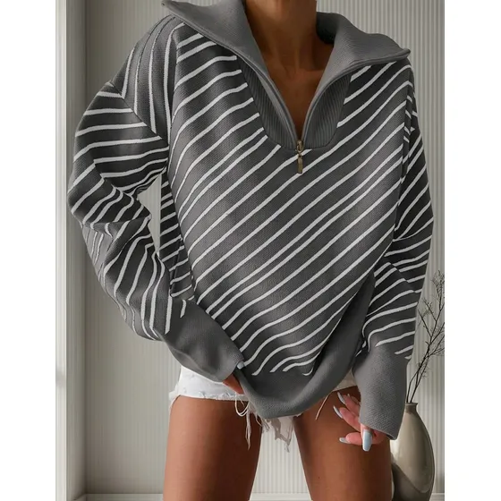 Sweater Abrigo Rayado Importado Con Cuello Tejido Cierre