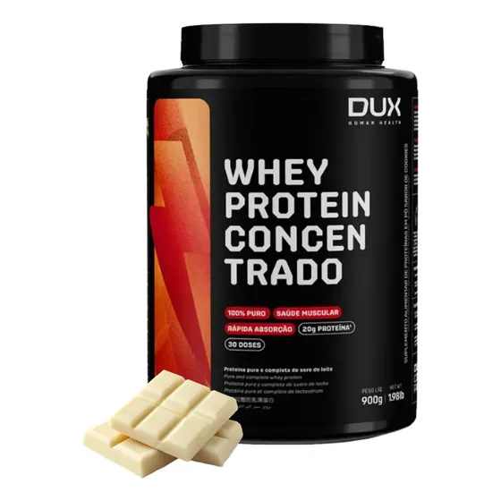 Whey Protein Concentrado Dux Nutrition Pote 900g Sabor Chocolate Branco - 20g de Proteínas Por Dose - 100% Puro - Rápida Absorção - 30 Doses