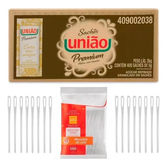 Açucar Uniao Sache 400x5g + Mexedor De Cafe 500un