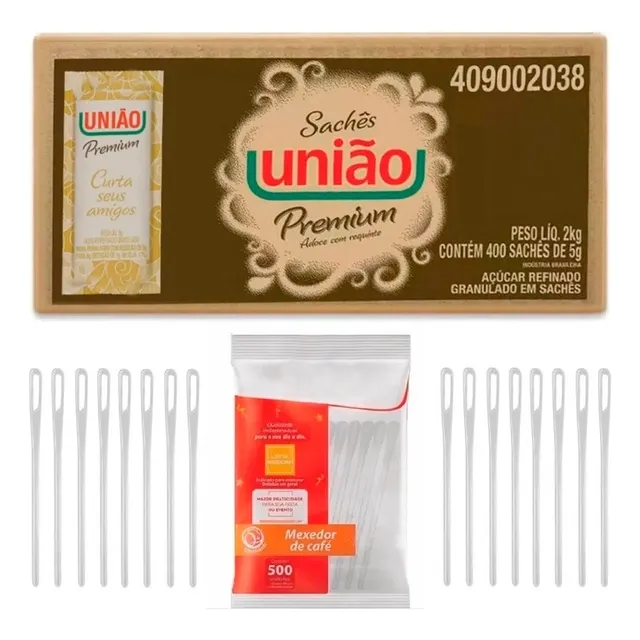 Açucar Uniao Sache 400x5g + Mexedor De Cafe 500un