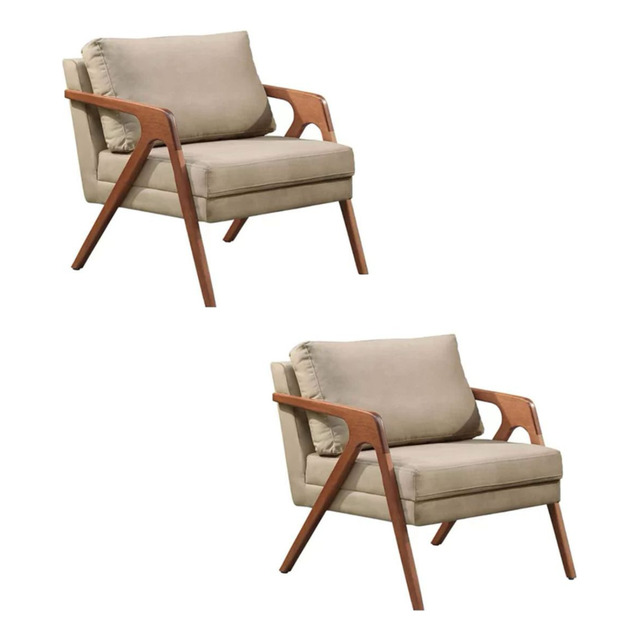 Kit 2 Poltronas Decorativa Mona Luxo Linho Bege Base Madeira Kit 2 Poltronas Decorativa Mona Luxo Linho Bege Base Madeira