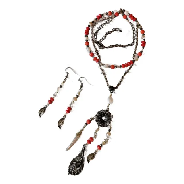 Conjunto Collar Y Aros Coral Y Perlas Colgante Atrapasueños