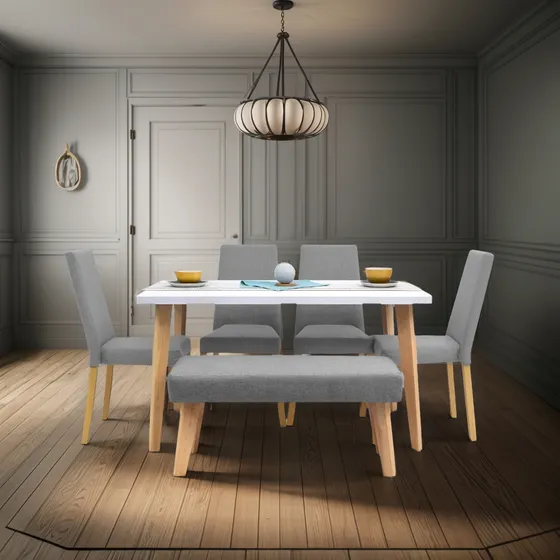 Comedor Lugo Matiz 6 Puestos 4 Sillas Viena + Butaco En Tela Color Plata