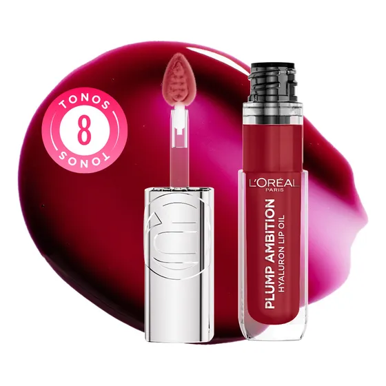 L'Oréal Paris Plump Ambition lip oil para labios glossy, brillo labial voluminizador con ácido hialurónico, tono Berry Jolie, 5ml
