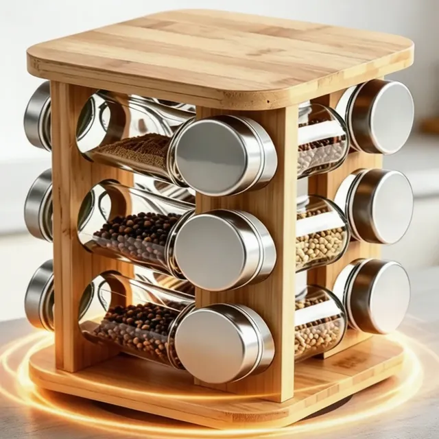 Porta Temperos Giratório Bambu 12 Potes Cozinha Marrom Claro Marrom-claro