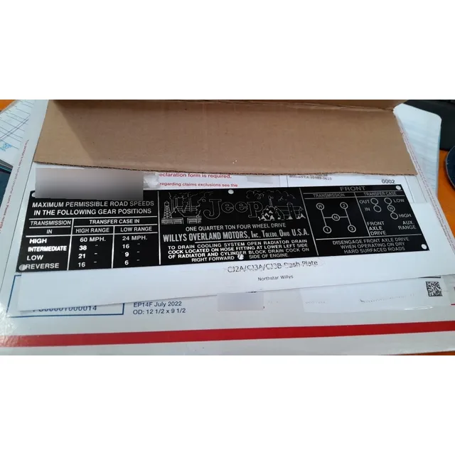 Jeep Willys Placa De Datos Del Tablero Para Cj2a, Cj3a, Cj3b
