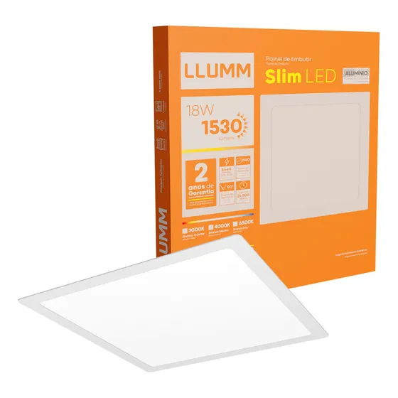 Painel Slim LED 18W Plafon De Embutir 22x22cm Quadrado Gesso Alumínio Branco-frio 6500K LLUMM