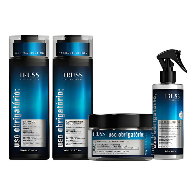 Kit completo de tratamento capilar Truss Uso Obrigatório contendo um shampoo, um condicionador, um reconstrutor em spray e uma máscara de hidratação alinhados sobre fundo branco.