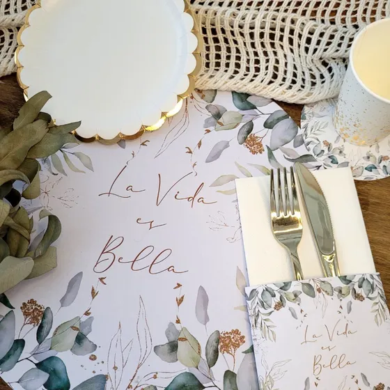 Set Plato De Sitio De Papel + Porta Cubierto + Posavasos 20u La Vida Es Bella