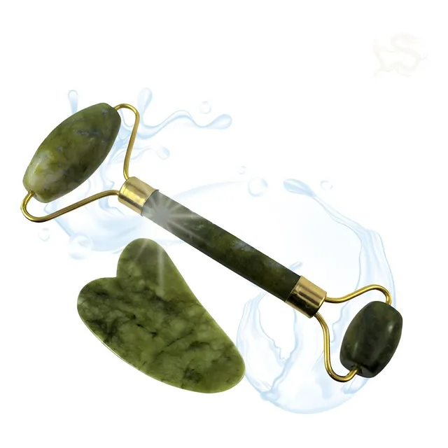 Rodillo Masajeador Facial Jade+piedra Gua Sha Verde Natural