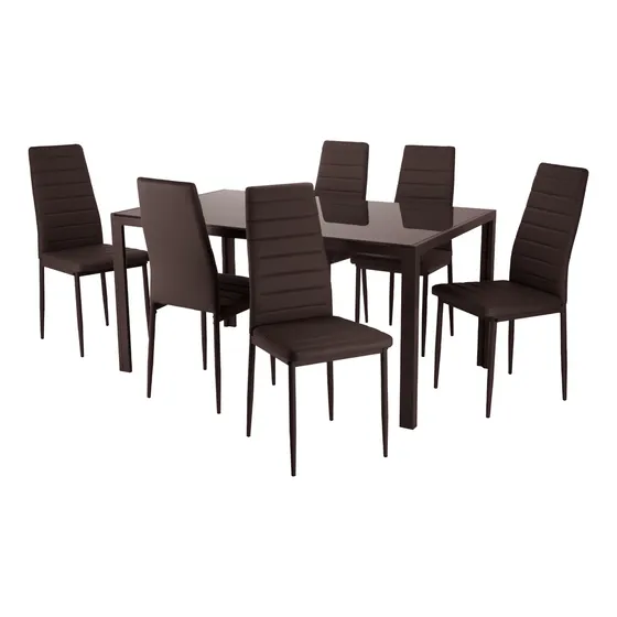 Juego Comedor 6 Sillas Con Mesa De Vidrio Templado Rectangular Estructura Metálica Para 6 Personas Moderno Color Marrón Kingshouse