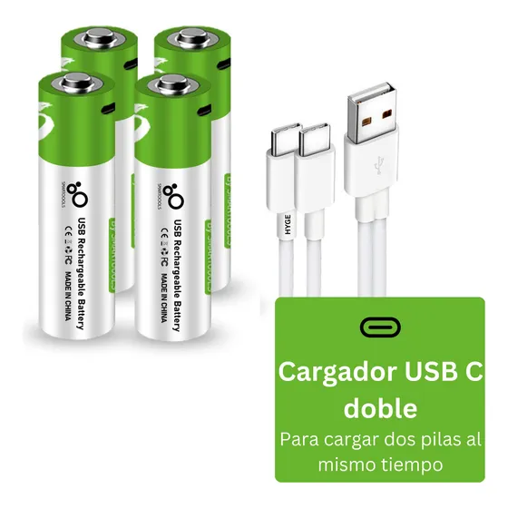 Paquete 4 Pilas Aa Recargables Usb C 2600mwh 1.5v, Carga Rápida, Alta Duración, Incluye Cargador Usb C De Doble Entrada, Ideal Para Controles Y Todo Tipo de Dispositivos