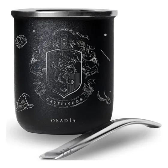 Mate Termico Acero Inoxidable Harry Potter Casa De Gryffindor 360° Color Negro Con Bombilla Chata No Se Tapa Calidad Premium