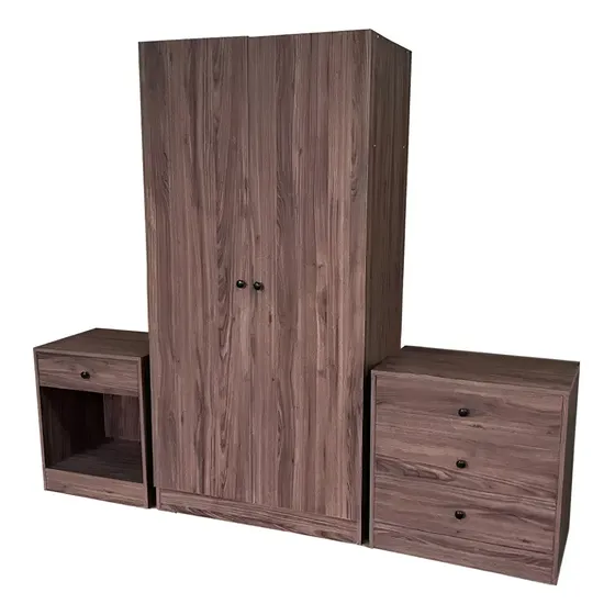 Conjunto Clóset 2 Puertas, Cómoda y Velador Rústico MDF Melamina Marrón | Cuotas sin interés